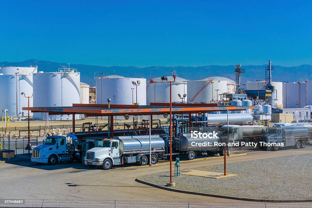 Fuel tanker trucks Fuel tanker trucks at refinery fueling station, CA Fuel Truck Stock Photo