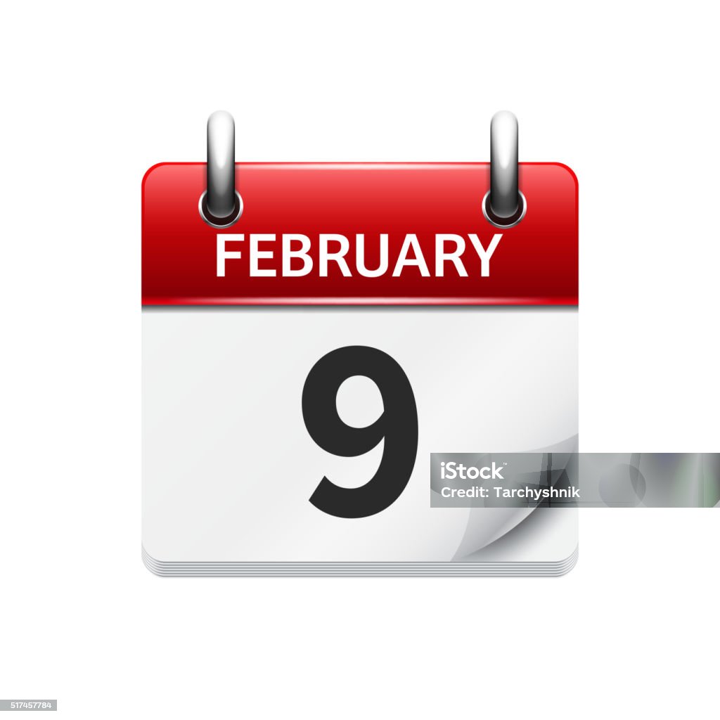 Le 9 Février Calendrier Journalier À Vecteur Plat Icône Heure Et Date
