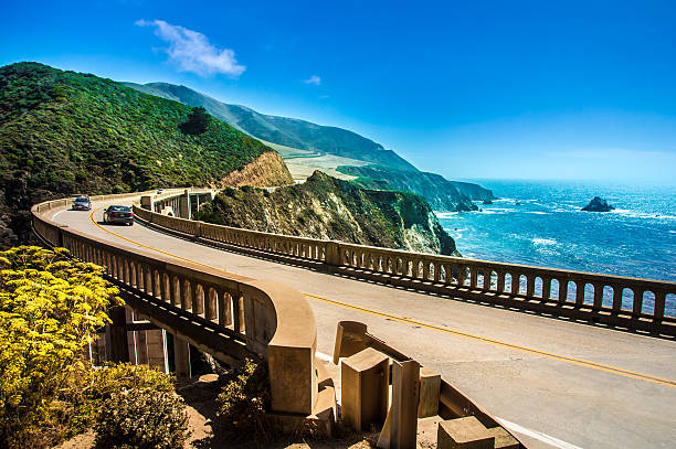 Bixby Creek Bridge on Highway One Bixby Creek Bridge on Highway #1 at the US West Coast traveling south to Los Angeles west direction photos stock pictures, royalty-free photos & images