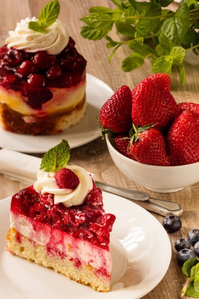 Sweet breakfast with cake and fruit stock photo