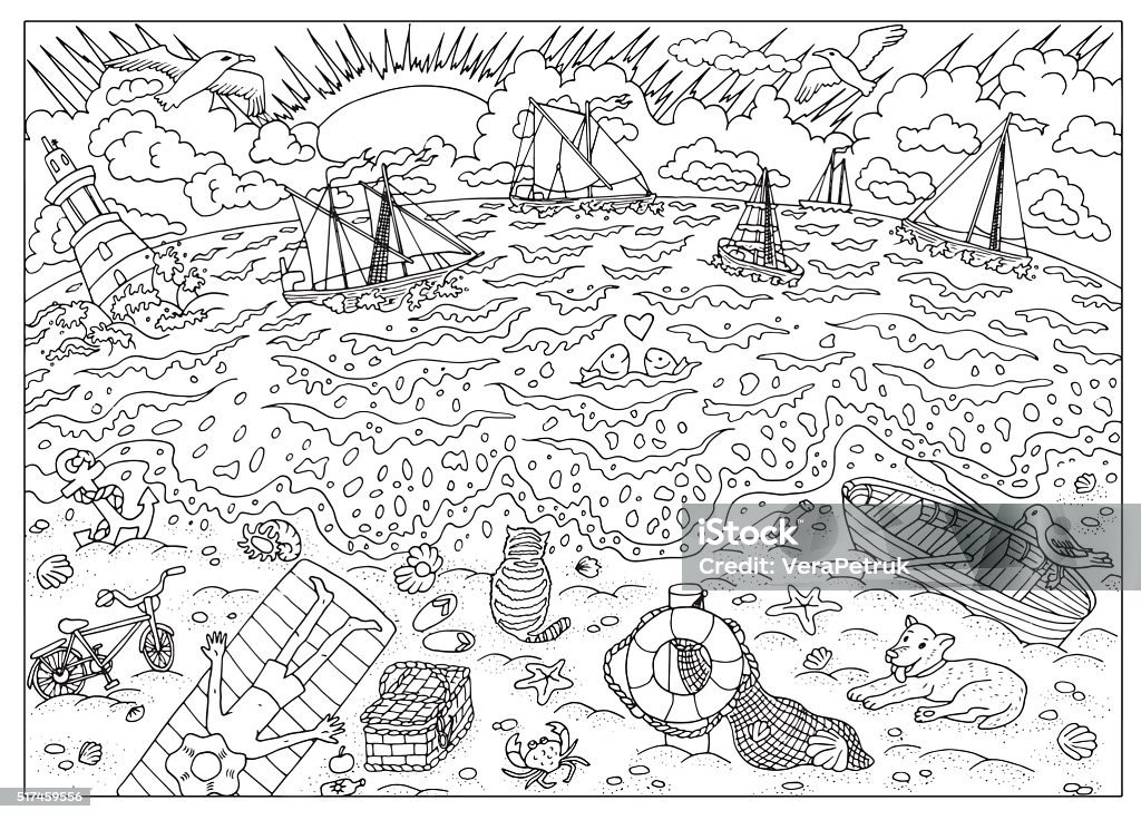 Coloring book page. After storm Black and white hand drawn illustration with waves, sailing ships, light house and man resting on the beach. Sea coast after storm. Graphic page for coloring book for adults and kids, doodle line art Coloring Book Page - Illlustration Technique stock vector