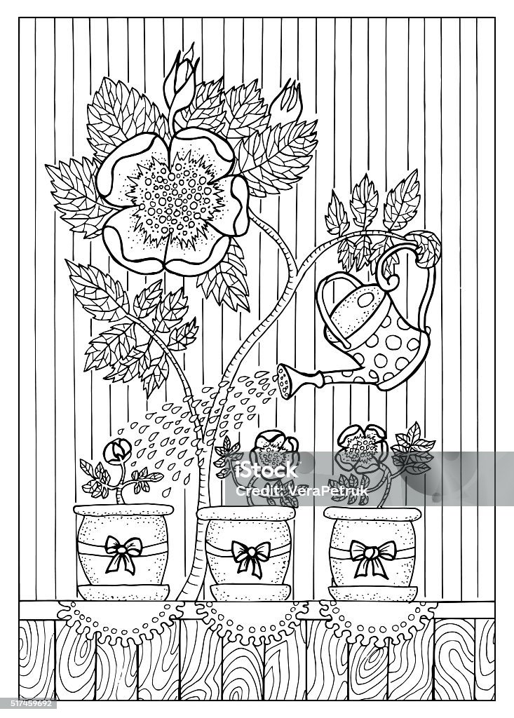 Coloring book page. Loving mother Black and white hand drawn illustration with rose mother pouring her plant kids in cute pots. Graphic page for coloring book for adults and kids, doodle line art Adult stock vector