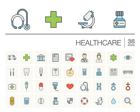 Vector thin line icons set and graphic design elements. Illustration with medical, medicine and healthcare outline symbols. Dentist, health, ambulance, care, doctor, pills, cross linear pictogram