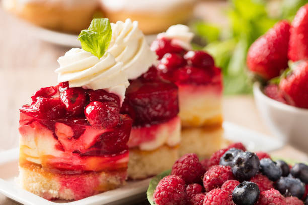 Sweet breakfast with cake and fruit stock photo