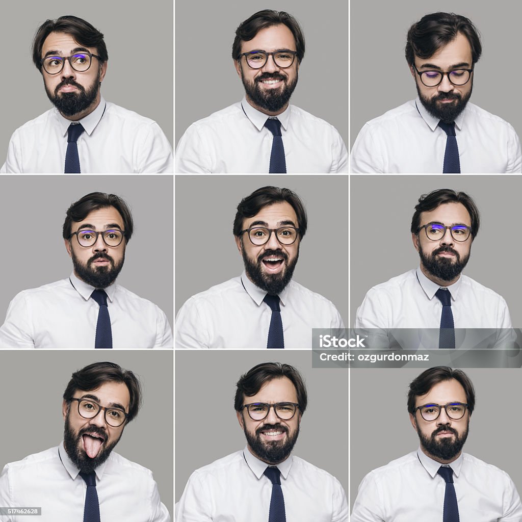 Homme d'affaires faisant de différentes expressions du visage - Photo de Visage expressif libre de droits