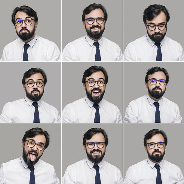 empresário fazendo diferentes expressões faciais - happy sad face man - fotografias e filmes do acervo