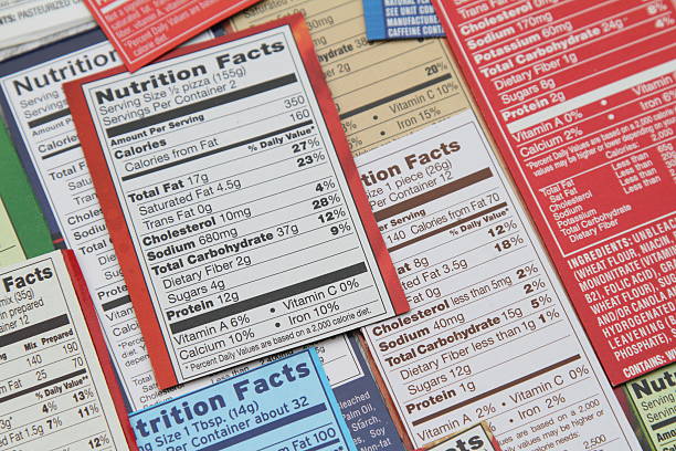 Group of labels showing nutrition facts. Various nutrition labels for a variety of packaged food products. Labels show calories, fat content, cholesterol, carbohydrates, protein, sodium, sugars, daily recommended litmits, vitamins and specfic ingredients in the foods. Prominent top label shows a whopping 680 mg soldium in the food product.  saturated fat stock pictures, royalty-free photos & images