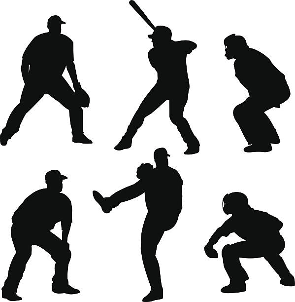 ilustraciones, imágenes clip art, dibujos animados e iconos de stock de siluetas de béisbol - baseball silhouette pitcher playing
