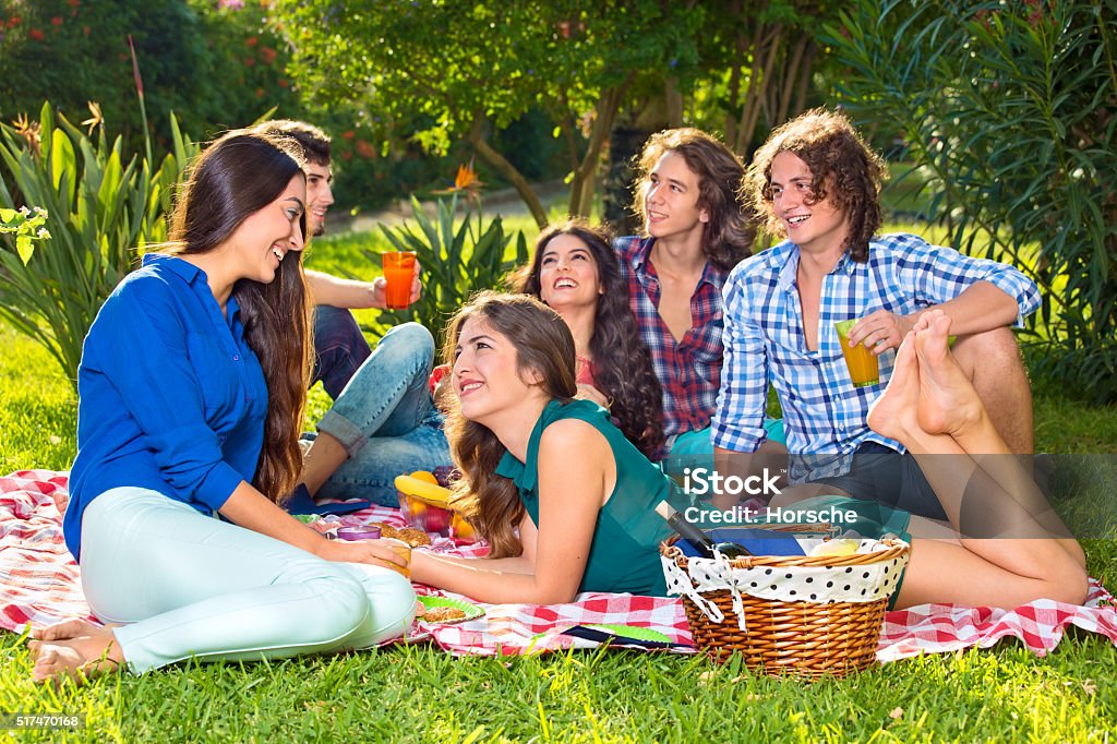 Group of six friends having a picnic in the park. Group of six smiling friends sharing food and beverages on a picnic blanket in the park next to basket holding wine bottle. Activity Stock Photo