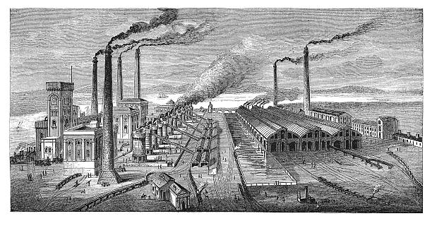 Barrow hematite steel works (antique engraving) 19th century illustration of Barrow hematite steel works, in Cumbria, England. Published in 'The Practical Magazine, an Illustrated Cyclopedia of Industrial News, Inventions and Improvements, collected from foreign and British sources for the use of those concerned in raw materials, machinery, manufactures, building, and decoration.'  (Wedwood, Watt & Co./ W.P. Bennett & Co., London/Birmingham, 1873). british culture illustrations stock illustrations