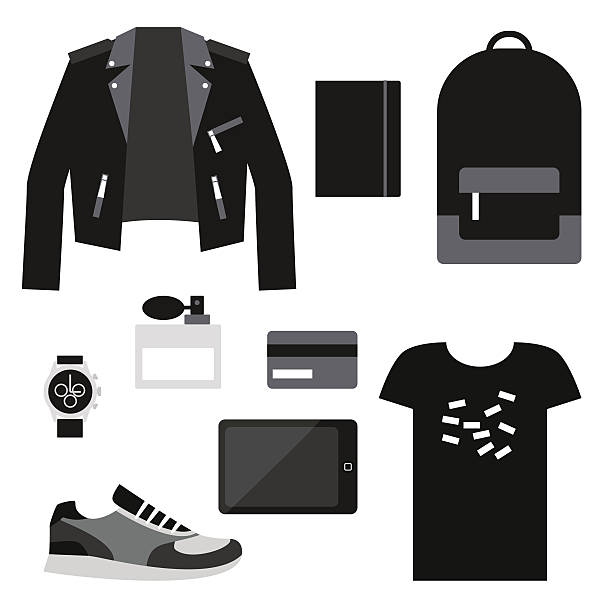 ilustrações de stock, clip art, desenhos animados e ícones de conjunto de estilo de vida :  preto moderno roupa - casaco de couro