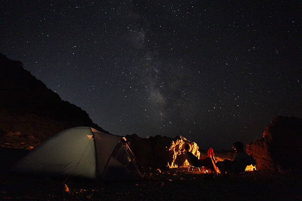 istock Star-filled night sky, with tent, campfire and silhouette meadows 517471221