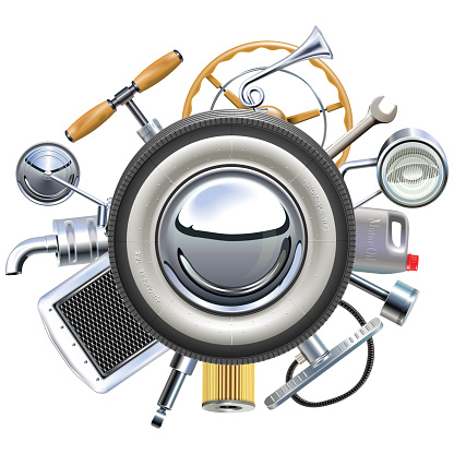 Vector retro car parts, including muffler, oil can, filter, wrench, headlamp, pump, steering wheel, horn, exhaust pipe, mirror around the wheel, isolated on white background