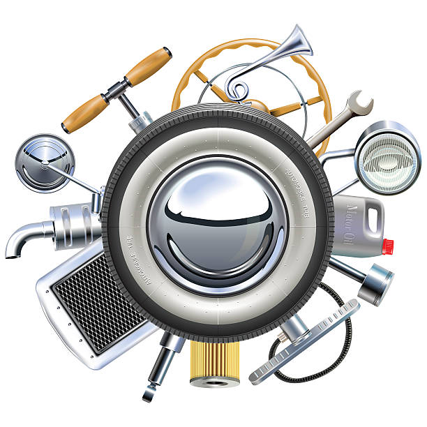 Vector Retro Car Parts Concept Vector retro car parts, including muffler, oil can, filter, wrench, headlamp, pump, steering wheel, horn, exhaust pipe, mirror around the wheel, isolated on white background vintage tire stock illustrations