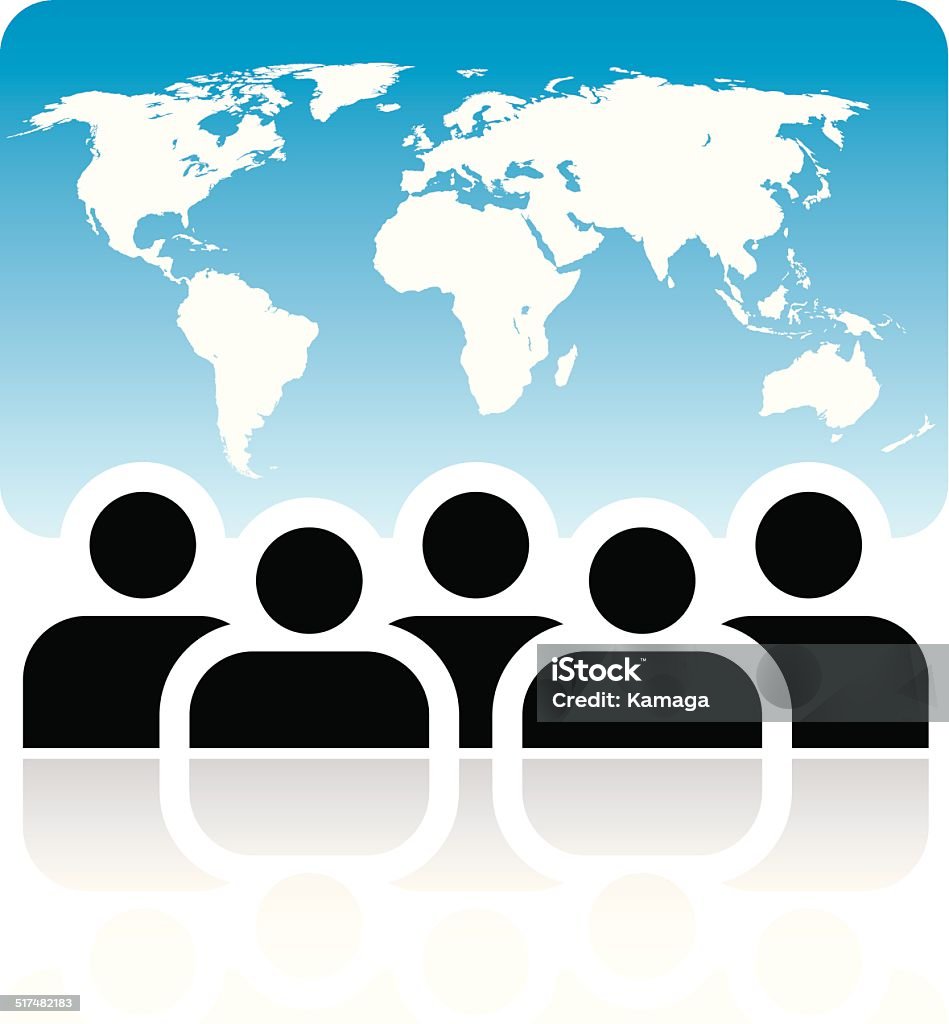 Global meeting sign Crowd of spectators looking at big screen with world map Adult stock vector