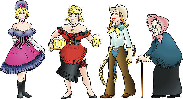 Women of the Old West Vector illustrations of women from the American Old West drawing of a women wearing garter belts stock illustrations