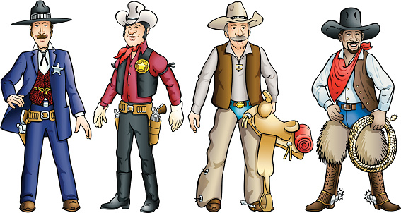 Vector illustrations of cowboys and lawmen from the American Old West