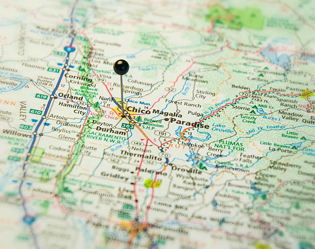 Travel Road Map Macro Of Chico Thermalito California Travel Road Map Macro Of Chico Thermalito California chico california photos stock pictures, royalty-free photos & images