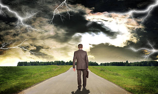 istock Businessman with briefcase walking on road ahead. Rear view 517487913