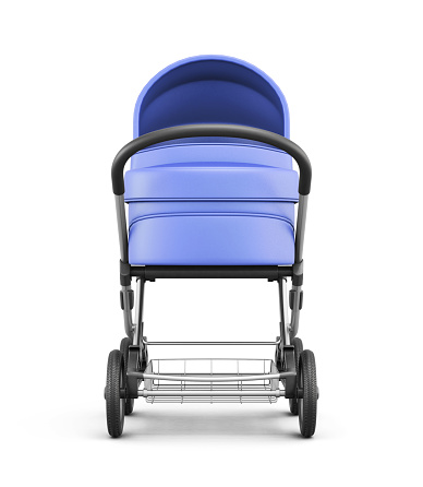 Frontal view of a baby stroller isolated on white background. For boy.  3d rendering.