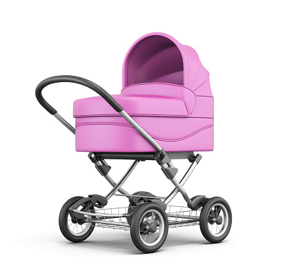Pink baby stroller isolated on white background. 3d rendering.