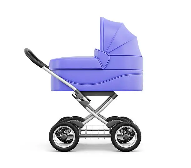 Photo of Side view of baby stroller isolated on white background.
