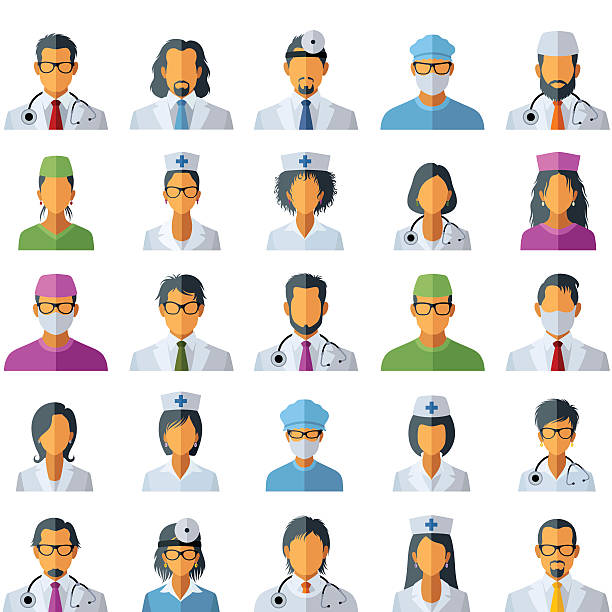 Doctor Avatar Icons Illustrator Vector EPS file (any size), High Resolution JPEG preview (5417 x 5417 px) and Transparent PNG (5417 x 5417 px) included. Each element is named, grouped and layered separately. Very easy to edit. nurse clipart stock illustrations