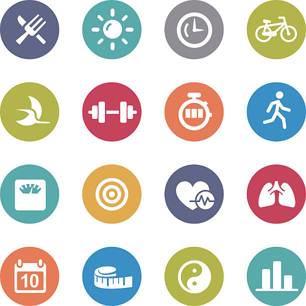 fitness-symbole satz kreis serie - apple grafiken stock-grafiken, -clipart, -cartoons und -symbole