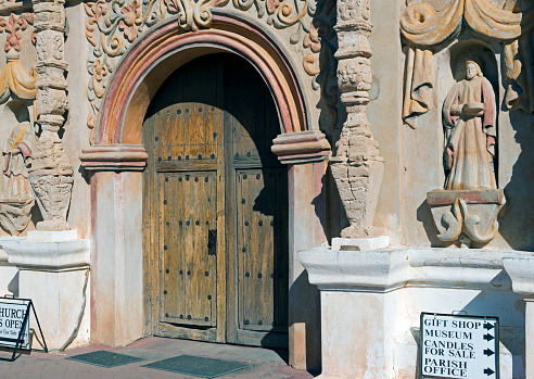 Entrance to old church at San Xavier del Bac Mission on Indian reservation near Tucson AZ