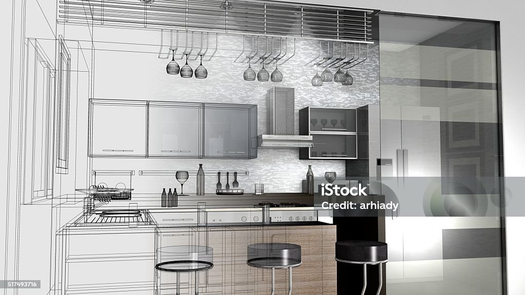 Wireframe Kitchen Sketch Design Of Kitchen 3d Wire Frame Render Stock Photo - Download ...