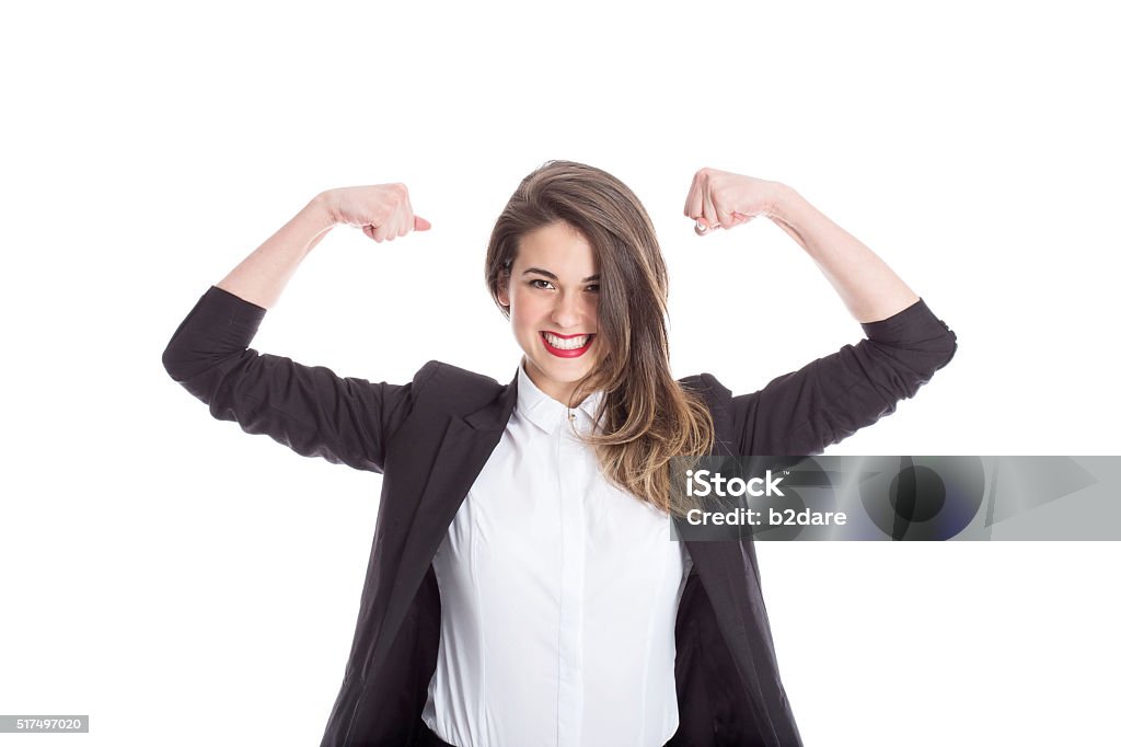Businesswoman Flexing Muscles Enthusiastic businesswoman flexing her muscles; isolated on white. Women Stock Photo
