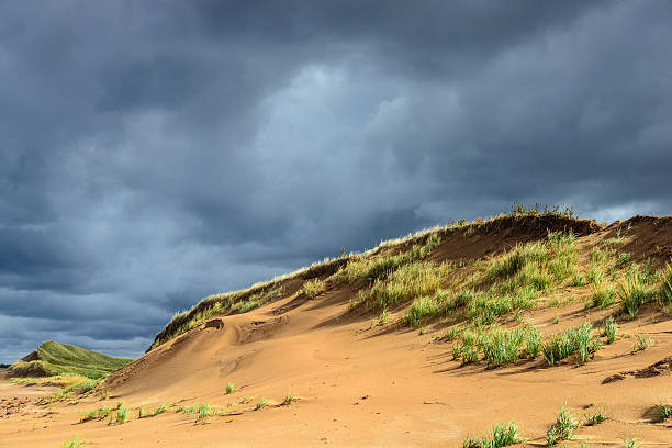 Sand Dunes PEI Sand Dunes against a stormy sky cavendish beach stock pictures, royalty-free photos & images