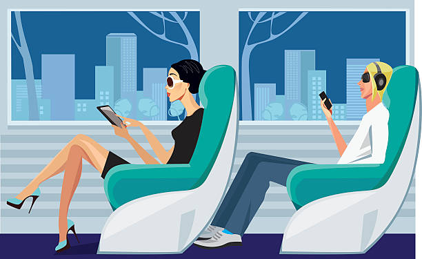 men and woman riding in the train vector art illustration