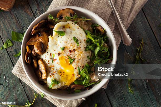 Healthy Homemade Savory Oatmeal Stock Photo - Download Image Now - Egg - Food, Oatmeal, Porridge