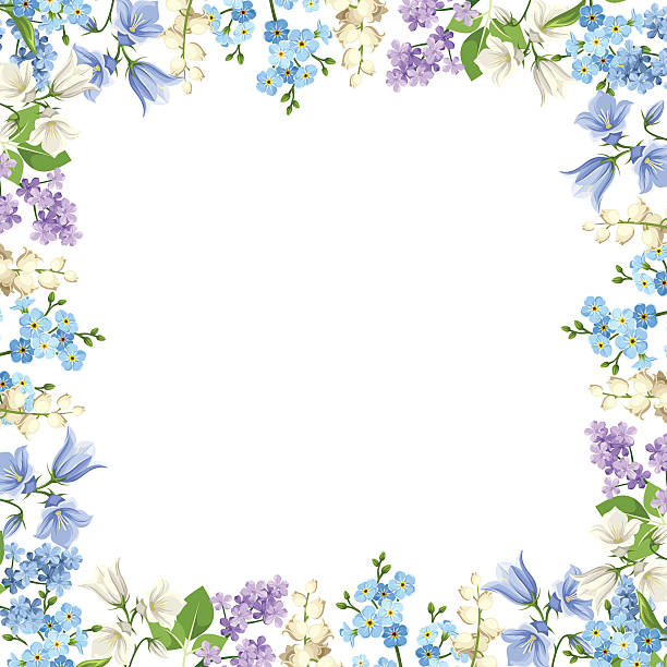 Frame with blue, purple and white flowers. Vector illustration. Vector background with various blue, purple and white flowers and green leaves. campanula nobody green the natural world stock illustrations