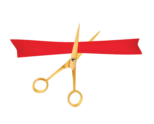 istock Golden scissors cut the red ribbon. Grand Opening Event. Vector 517512248