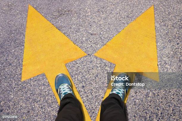 Feet And Words Work And Life Painted On Road Stock Photo - Download Image Now - Two Objects, Choice, Direction