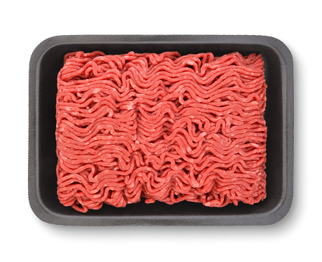 Ground Beef in black foam package isolated on white (excluding the shadow)