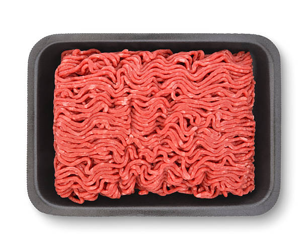 Ground Beef Ground Beef in black foam package isolated on white (excluding the shadow) ground beef photos stock pictures, royalty-free photos & images