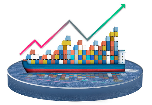 A containership with containers loaded that are growing like a graph.