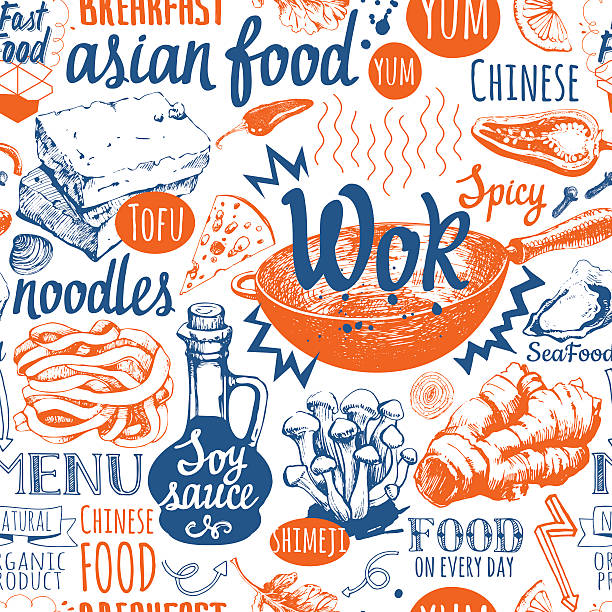 Seamless background with wok food symbols. Menu pattern. Asian street food. Vector Illustration with funny food lettering and labels on white background. Decorative elements for your packing design. Multicolor decor. street food stock illustrations