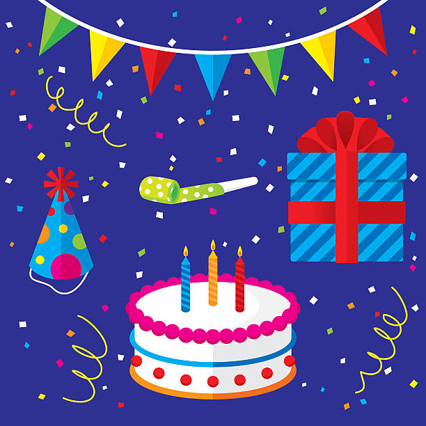 Birthday Icons Set Vector illustration of a set of birthday related items. Includes: cake, present, hat, toy, confetti, and flags. party blower stock illustrations