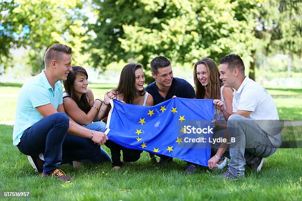 Group Of Teenagers And Flag Stock Photo - Download Image Now - European Union, Teenager, Adolescence