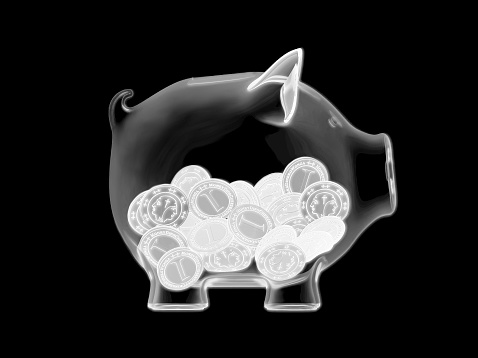 X-ray picture of a piggy bank with coins