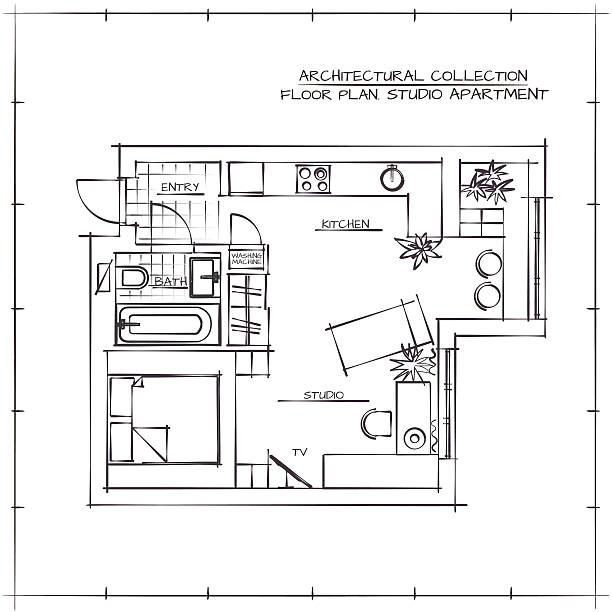 Blueprint. Studio Apartment Architectural Hand Drawn Floor Plan. Studio Apartment autocad house plans stock illustrations