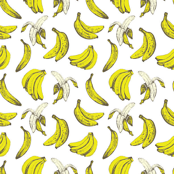 Fresh organic food.  Banana yellow background. Sketch style.