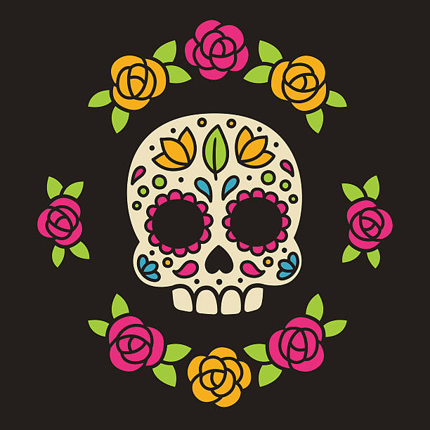 mexikanische zucker-schädel mit blumen. - sugar skull stock-grafiken, -clipart, -cartoons und -symbole