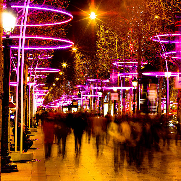 Crowd on Champs Elysees at Christmas stock photo