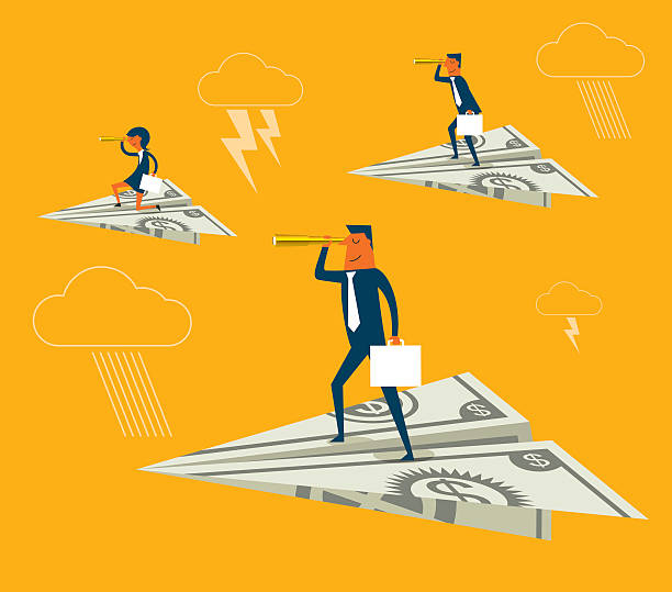 Flying cash Business team standing on the flying cash making money origami stock illustrations