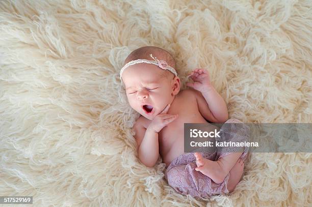 Yawning Newborn Baby Girl Stock Photo - Download Image Now - Babies Only, Baby - Human Age, Baby Girls